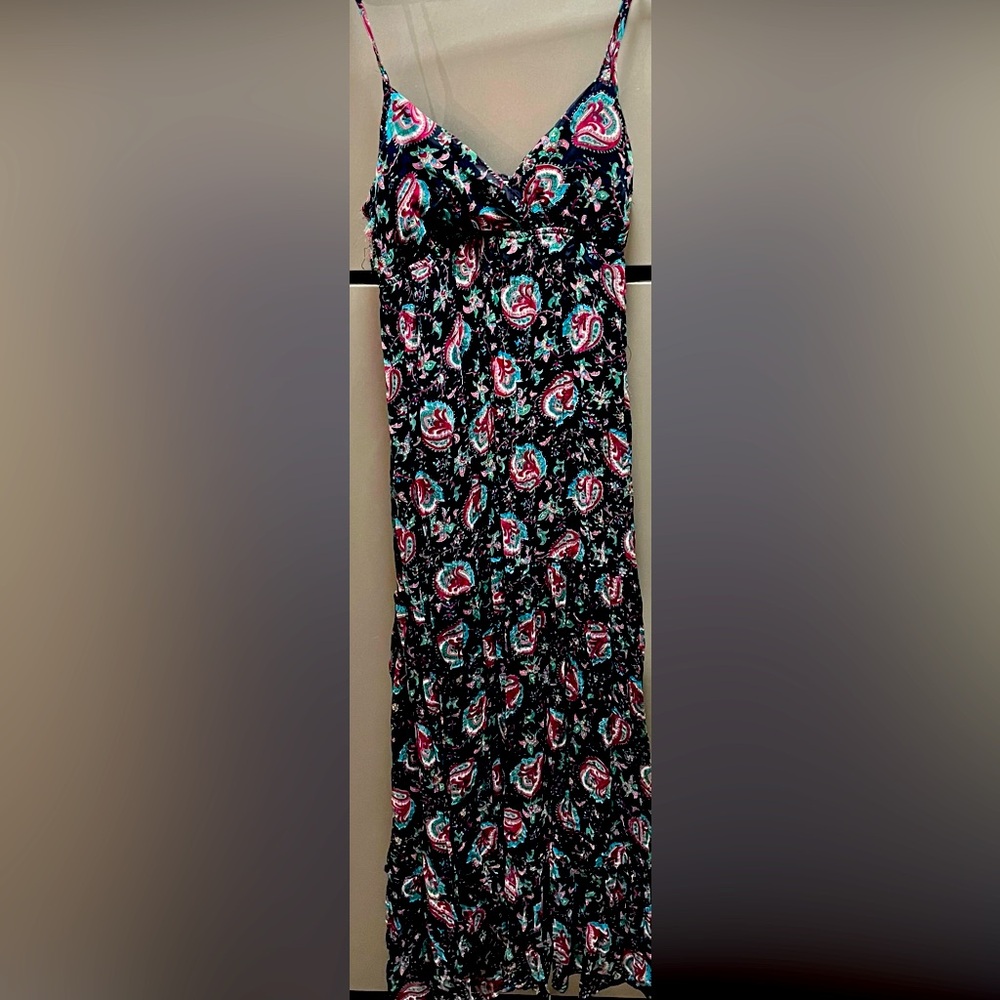 Navy and Pink Paisley Accent Spaghetti Strap, Floor Length Maxi Dress.